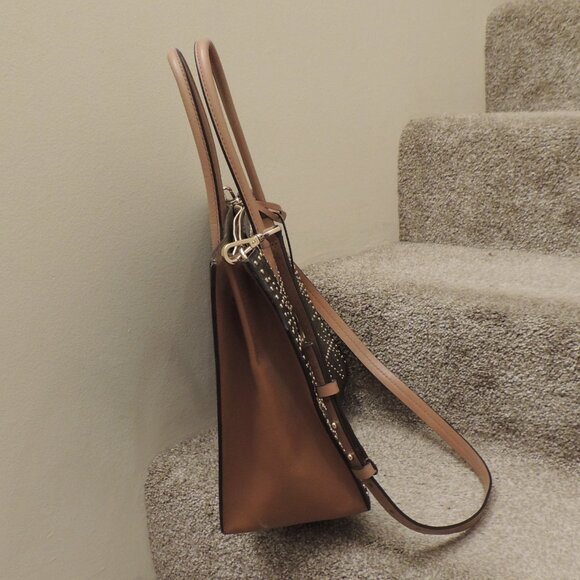 Michael Kors Studded Signature Tote Satchel Crossbody Brown Tan Logo Bag - Picture 5 of 11